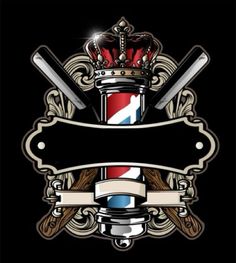 the emblem for barber shop with two razors and a crown