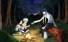 two people sitting around a campfire in the woods at night with stars above them