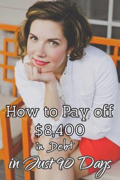 a woman sitting on top of a wooden chair next to an orange bench with the words how to pay off $ 4800 in debt in just 90 days