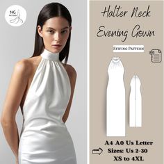 a woman wearing a white dress with halter neck evening gown sewing pattern on the front