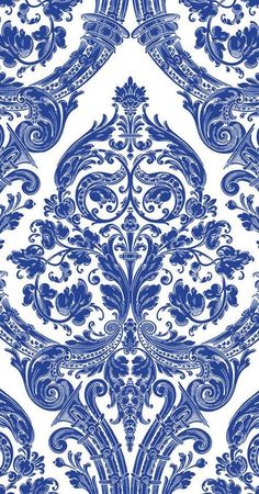 blue and white wallpaper with an ornate design