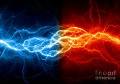 two different colors of lightening in the dark and bright blue, orange and yellow