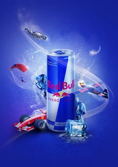 a can of red bull energy drink surrounded by ice cubes and other items on a blue background