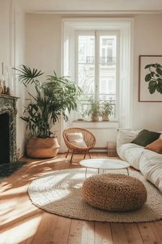 a living room filled with furniture and a fire place next to a window covered in potted plants