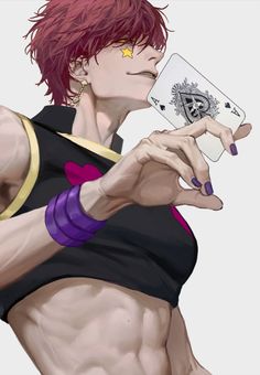 an anime character with red hair and tattoos holding a playing card in his right hand