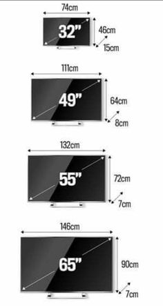 three sizes of televisions are shown with measurements for each screen and the number of tvs