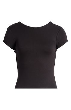 A cropped top presents as simple and standard from the front but serves seriously sultry vibes in the back. 18 1/2" length (size Medium) Boat neck lined Short sleeves Open back 95% rayon, 5% spandex Machine wash, tumble dry Imported Cropped Top With Built-in Bra And Minimal Stretch, Stretch Short Sleeve Crop Top With Built-in Bra, Chic Scoop Neck Crop Top With Built-in Bra, Chic Fitted Crop Top T-shirt, Basic Fitted Tops With Built-in Bra, Sleek Tops With Built-in Bra And Scoop Neck, Fitted Elastane Crop Top For Night Out, Basic Cropped Elastane Tops, Stretch Elastane Cropped Tops