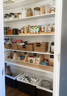 an organized pantry with baskets and food items