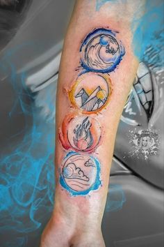 a person's arm with three different tattoos on it, including the sun and moon