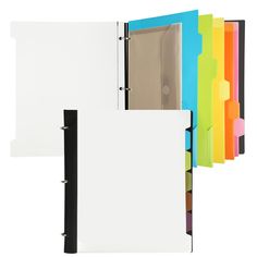 four different colored binders with one open and the other closed