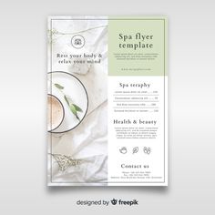 a spa flyer template with an image of a cup of coffee and flowers on it