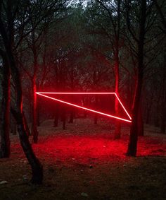 a red light in the middle of a forest filled with trees and grass, on which is a triangular shaped object that appears to be partially lit up