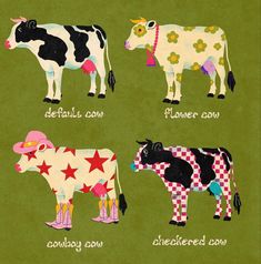 four cows with different patterns and colors are shown on a green background that says, petals cow, flower cow, cheesied cow