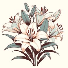 a bouquet of lilies with leaves and buds on a white background is drawn by hand