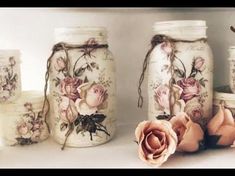 How to decoupage mason jarsNapkins chosen from https://www.chiarotino.com/ref/3/ Rustic Mason Jar Decor, How To Decoupage On Glass Bottle, How To Decoupage Jars With Napkins, Modge Podge Mason Jars Diy, Decoupage Glass Bottles With Napkins, Diy Mason Jar Painting, Mod Podge Mason Jars Diy, How To Modge Podge On Glass Jars, How To Decoupage With Napkins Mason Jars