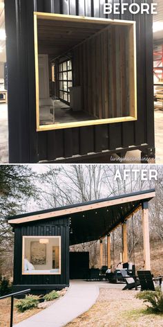 before and after photos of a shipping container