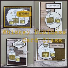 four cards with different images of whiskey bottles on them and the words whiskey business written in gold