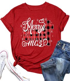 PRICES MAY VARY. Outstanding Design : Christmas shirts women, merry christmas graphic tees shirts, ladies christmas buffalo plaid tshirts, xmas t shirts, christmas clothes, wonderful xmas gift tee tops, classic round neck design, casual loose fit tshirts is perfect for all agers. Must-have for Christmas: This funny christmas apparel is the best choice gift for holiday, given as gifts to your friends, lover, mother, sisters, aunt etc, and could match with your everything favorite, create beautiful looking. Occasion : Get a fashion yet stylish look for family photo, office, anniversary, daily wear, outdoors, party, club, workout, travel, shopping, birthday,mothers day etc, it will suit you for christmas, party, christmas eve. Perfect Christmas Tshirt: What a funny christmas clothes for those Christmas Shirts Women, Xmas T Shirts, Christmas Graphic Tees, Fun Christmas Shirts, Merry Christmas Graphic, Funny Christmas Outfits, Christmas Shirts For Women, Christmas Buffalo Plaid, Christmas Attire