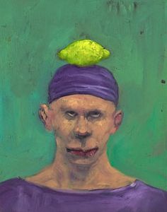 a painting of a man wearing a purple shirt with a green piece on top of his head