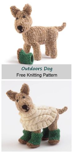 two knitted dogs in sweaters and boots with text that reads, outdoors dog free knitting pattern