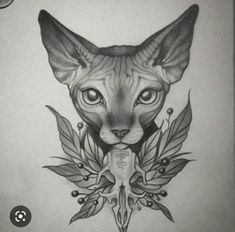 a drawing of a sphydrah cat with leaves around it's neck