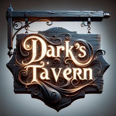 The 'Dark's Tavern' hanging sign combines rustic wood with glowing gold lettering. Surrounded by ink-in-water swirls, it offers an inviting and magical ambiance, suspended from a sturdy iron bracket. Fantasy Tavern Sign, Tavern Logo Design, Tavern Aesthetic, Magic Tavern, Tavern Logo, Pirate Wedding Theme, Sign Logo Design, Tavern Decor, Tavern Sign