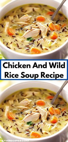 two bowls filled with chicken and wild rice soup