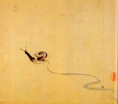 a painting with a snail on it's back and its tail in the air