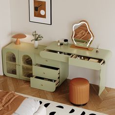 a bedroom with a desk, mirror and stool in it's corner area next to a bed