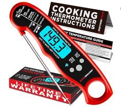 an electronic thermometer with instructions on it sitting next to a box of matches