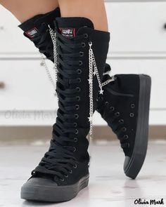 Color: black, Size: US6 Casual Knee-high Lace-up Boots, Chain-decorated Round Toe Boots For Streetwear, Chain Detailed Round Toe Boots For Streetwear, Chain Detail Round Toe Boots For Streetwear, Chain Detail Boots With Round Toe For Streetwear, Casual Streetwear Boots With Front Lace-up, Casual Streetwear Boots With Lace-up Fastening, Trendy Knee-high Lace-up Boots For Streetwear, Edgy Lace-up Boots With Front Fastening