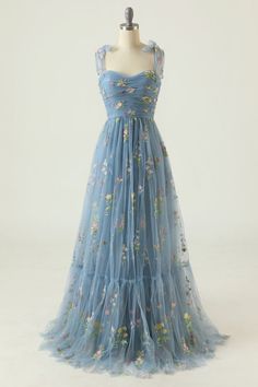 Blue Floral Embellished Evening Dress For Gala, Blue Floral Applique Dress For Gala, Blue Evening Dress With Floral Embroidery For Party, Blue Floral Embroidery Evening Dress For Party, Blue Floral Embroidered Evening Dress For Party, Blue Floral Embellished Floor-length Evening Dress, Blue Floral Applique Prom Dress, Blue Floral Applique Dress For Prom, Blue Floral Embroidery Evening Dress