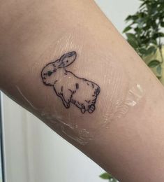 a person with a tattoo on their arm that has a small rabbit drawn on it