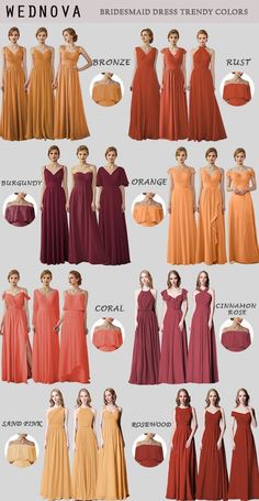 different types of bridesmaid dresses and colors for the brides to wear in their wedding day