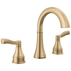 a faucet with two handles and nozzles on the side, in gold