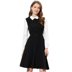 Elegant vintage style with a contrast collar and long sleeves, this dress is charming and fashionable. This time in the vintage form shirt dress with a waist belt takes you stylishly from work to the weekend. This short dress features a contrast turn-down collar and long sleeves that fall to a floaty hem. A refined contrast collar and a waist belt, accentuate the elegance of this A-Line short dress. 60s Funeral Outfit, Shirt Underneath Dress, Black Dress With White Shirt Underneath, Collar Dresses Outfit, Black Dress White Collar, Black Dress With White Collar, Life Costume, Black Moodboard, Contrast Collar Shirt