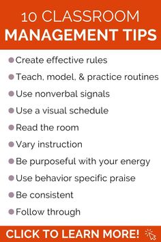 an orange and white poster with the words 10 classroom management tips on top of it