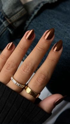 Short Gel Nails November, Natural Trendy Nails, November Gel X Nails, Winter Thanksgiving Nails, Dark Bronze Nails, Gold Crome Nails Designs Short, Pearly Brown Nails, Call Brown Nails, Brown Chrome Dip Nails