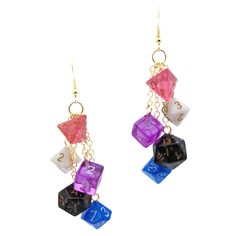 Tiny dice make awesome genderfluid pride earrings! Five miniature dice in genderfluid flag colors (pink, white, purple, black, blue) make up these adorable dangles. Signal your pride and love of gaming with these geeky, quirky, fun polyhedral dice earrings. These earrings are lightweight (really!), swingy, and perfect for lovers of D&D, Pathfinder, or other tabletop RPG games. Each earring has 5 miniature (10mm, about half-size) dice and is about 3 inches long. They are light, only about 1/5 oun Dnd Dice Jewelry, Genderfluid Jewelry, Dnd Jewelry, Genderfluid Flag, Dice Earrings, Geeky Jewellery, Pride Earrings, Pride Stuff, Genderfluid Pride