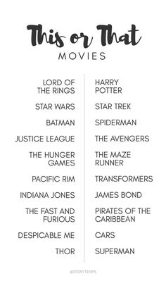 this or that movie list with the names in black and white, on a white background