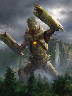 a painting of a giant creature with glowing eyes in the air, surrounded by trees and mountains