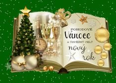 an open book with christmas decorations and champagnes on it, surrounded by green background