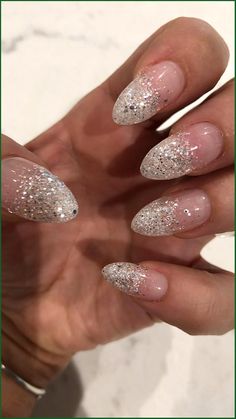 Glittery Nails Ideas, Glitter Ombre Tips, Glitter Ombre Nails Almond, Glittery Nail Ideas, Ombre Sns, Glitter Almond Nails, Glittery Acrylic Nails, Glitter Ombre Nails, Glittery Nail