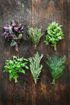 fresh herbs laid out on a wooden surface