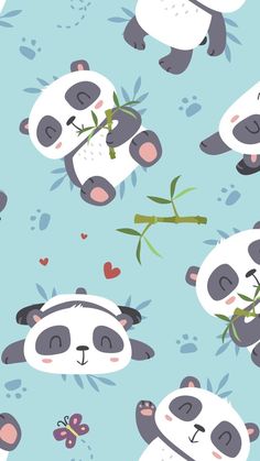 a panda bear is eating bamboo on a blue background with hearts and flowers around it