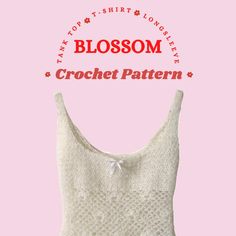 a crochet top with the words blossom in red and white on pink background