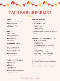 the taco bar checklist is shown in red, yellow and white with bunting