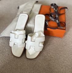 Stunning Hermes Slippers!Still Considered New With Original Box And Dust Bags And Even The Shoe Stuffing Paper. Hermes Slippers, Hermes Shoes, Original Box, Dust Bag, Color White, Slippers, Size 6, The Originals, Women Shopping