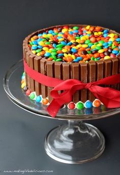 a chocolate cake decorated with candy and candies