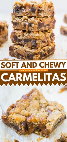 soft and chewy caramelia bars stacked on top of each other with text overlay